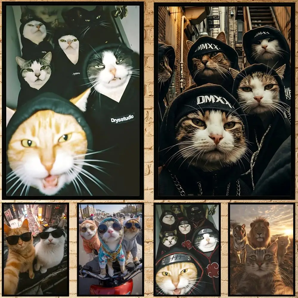 Muster Katze Selfie Poster HD Wasserfestes Selbstklebendes Kunstdruck-Wanddekor für Schlafzimmer Wohnzimmer Geschenk
