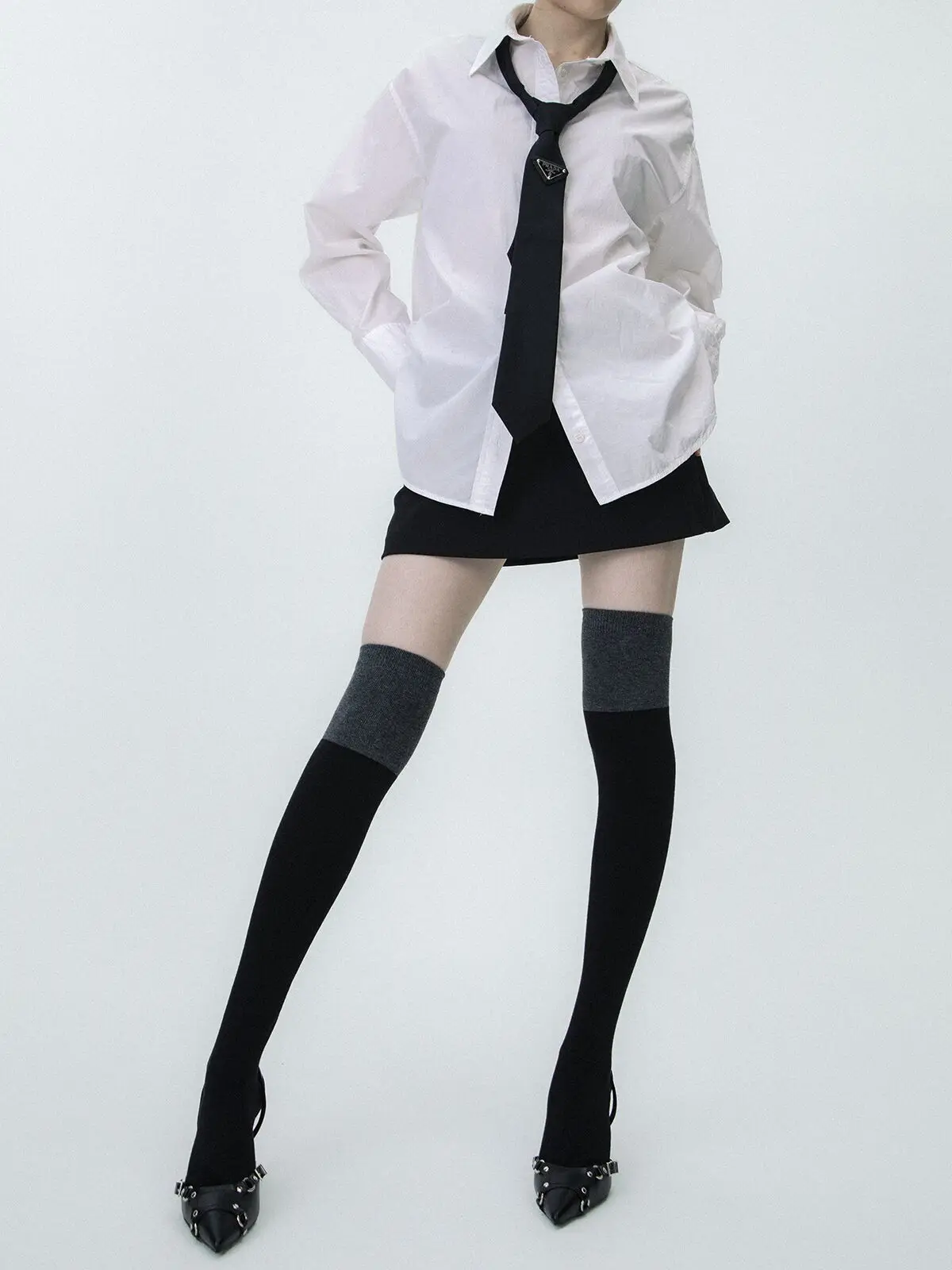 CTRLLOCK Elegant Chic Black Gray Patchwork Over Knee Stockings Slim Normcore Long Socks