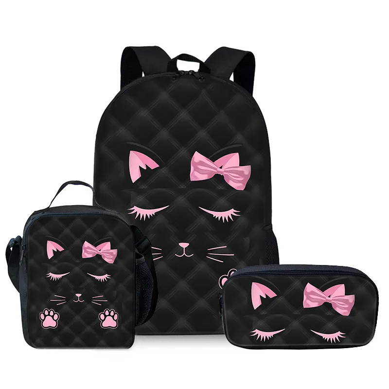Trendy Popular Novelty pink cat 3D Print 3pcs/Set Student School Bags Laptop Daypack Backpack Crossbody Lunch bag Pencil Case