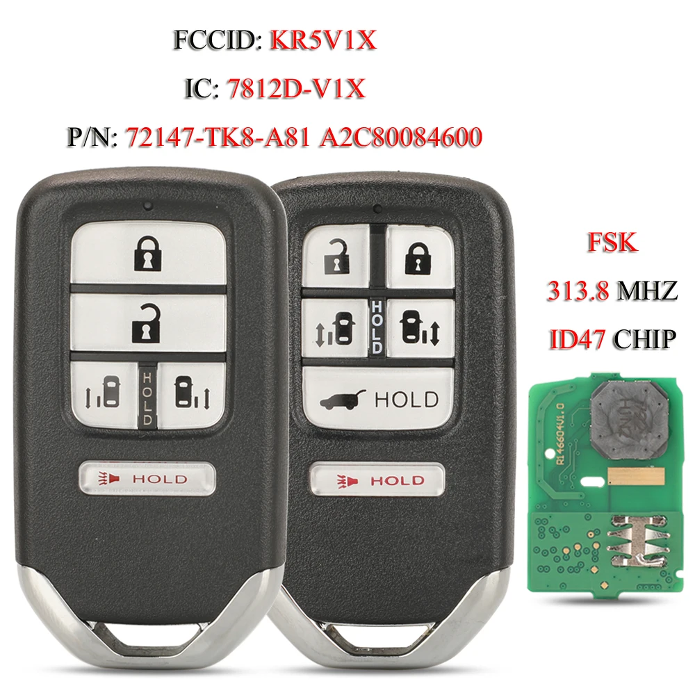 

jingyuqin 5PCS/Lot KR5V1X Remote Smart Keyless Car Key For Honda Odyssey EXL Touring 2014-2017 FSK 313.8Mhz ID47Chip A2C80084600