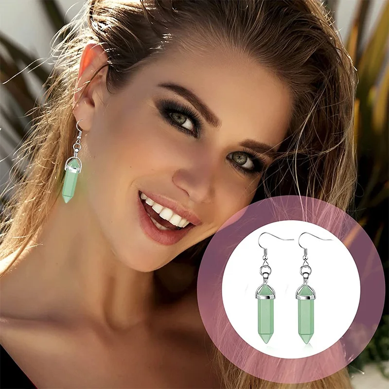 Natural Stone Earrings Amethyst Hexagonal Column Statement Drop Earrings for Women Crystal Heart Stone Jewelry Gift for Girls