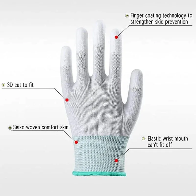 12Pairs Car Vinyl Wrap Gloves Anti-Static Window Tint Film Install Gloves Nylon Tinting Work Safety Gloves PU Coated Fingertip