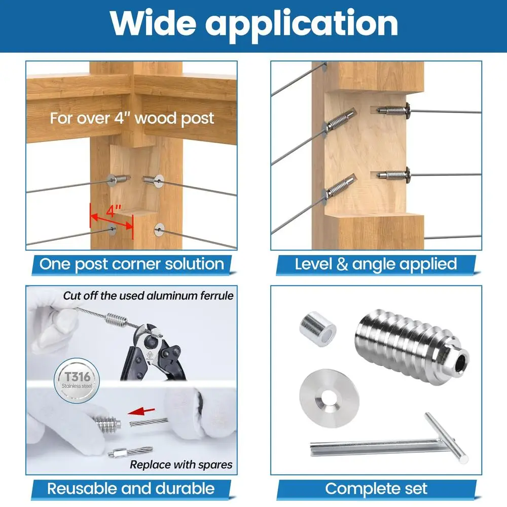 Steel Cable Railing Tensioner Kit Swage Lag Screw Invisible Wood Post 40 Pack