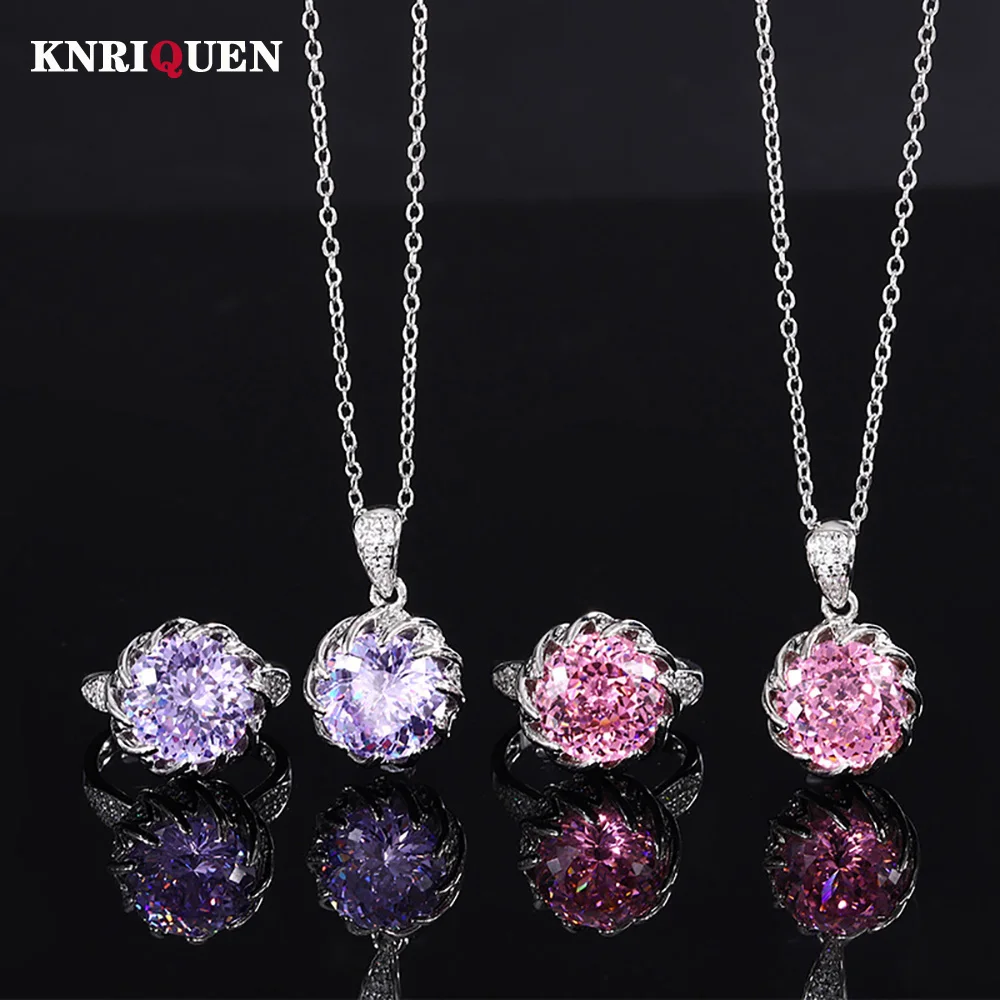 

Luxury 12mm Pink Quartz Amethyst Pendant Necklace Rings for Women High Carbon Diamond Wedding Party Fine Jewelry Set Accessories