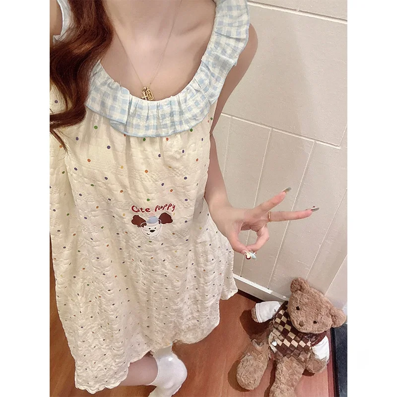 Cloud Cotton Summer Thin Sleeveless Vest Dots Little Dog with Chest Pad Cotton Silk Sleepwear Women's Home Clothes