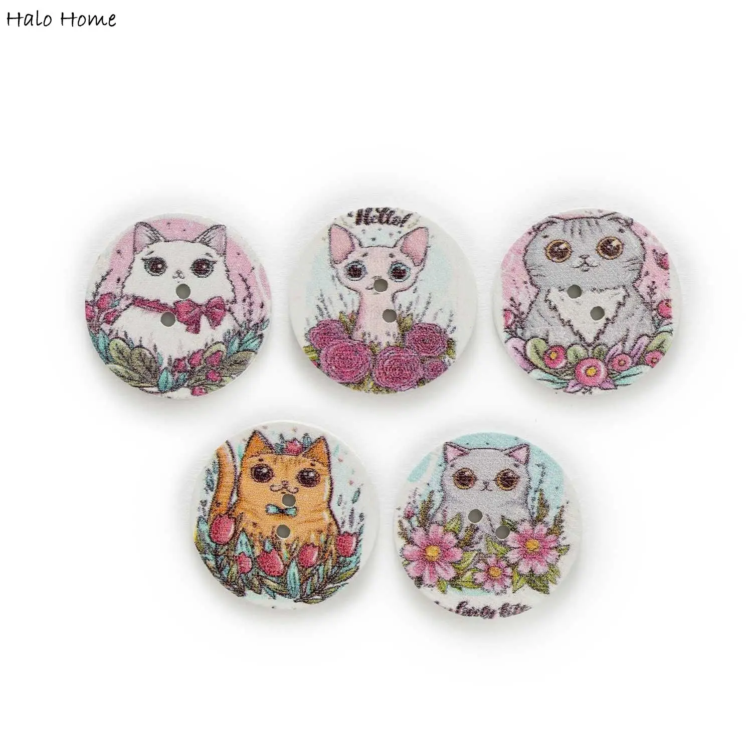 50pcs Cat With Flower Print Series Wooden Buttons Handwork Sewing Scrapbooking Clothing Crafts Accessories Gift Card 20-25mm