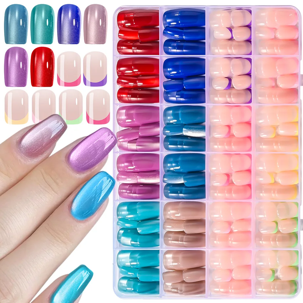 288pcs Colorful French&Cat's Eye Fake Nails Mixed 12Colors Short Square/Coffin Press On Nail Glossy French Tips False Fingertips