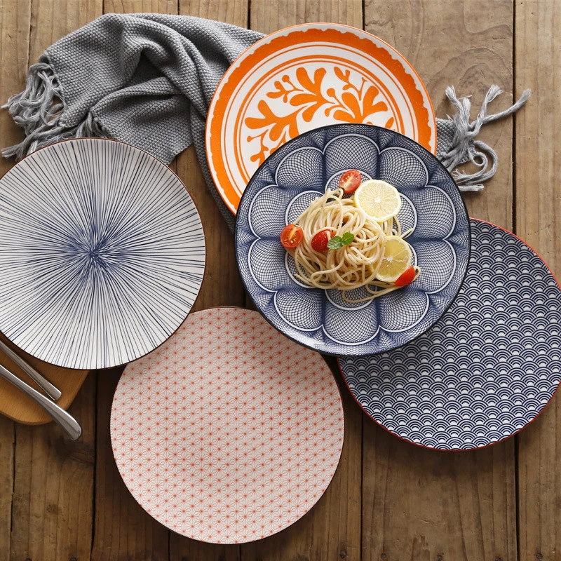 Nordic Ceramic Tableware Japanese Style Simple Western Food Flat Plate Dishes Round Striped Printed Shallow Plate 10.5 Inch