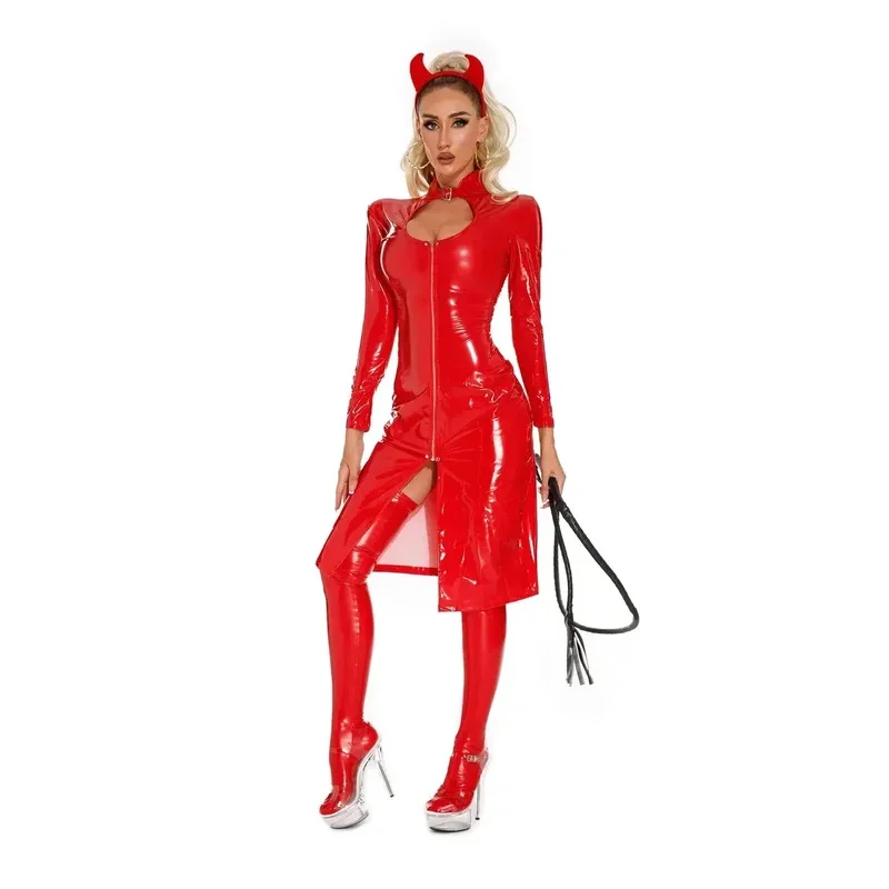 Women PVC leather dress zipper long coat for cosplay devil Witch Queen nightclub clubwear sexy Halloween costume