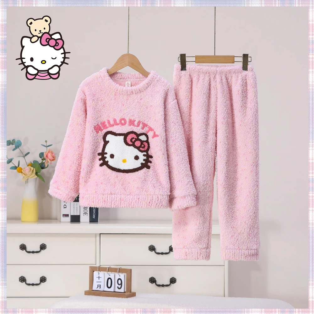 Kawaii Girl Pajamas Sanrios Cinnamoroll Hello Kitty Kids Teen Flannel Home Wear Set New for Autumn Winter Cartoon Leisure Wear