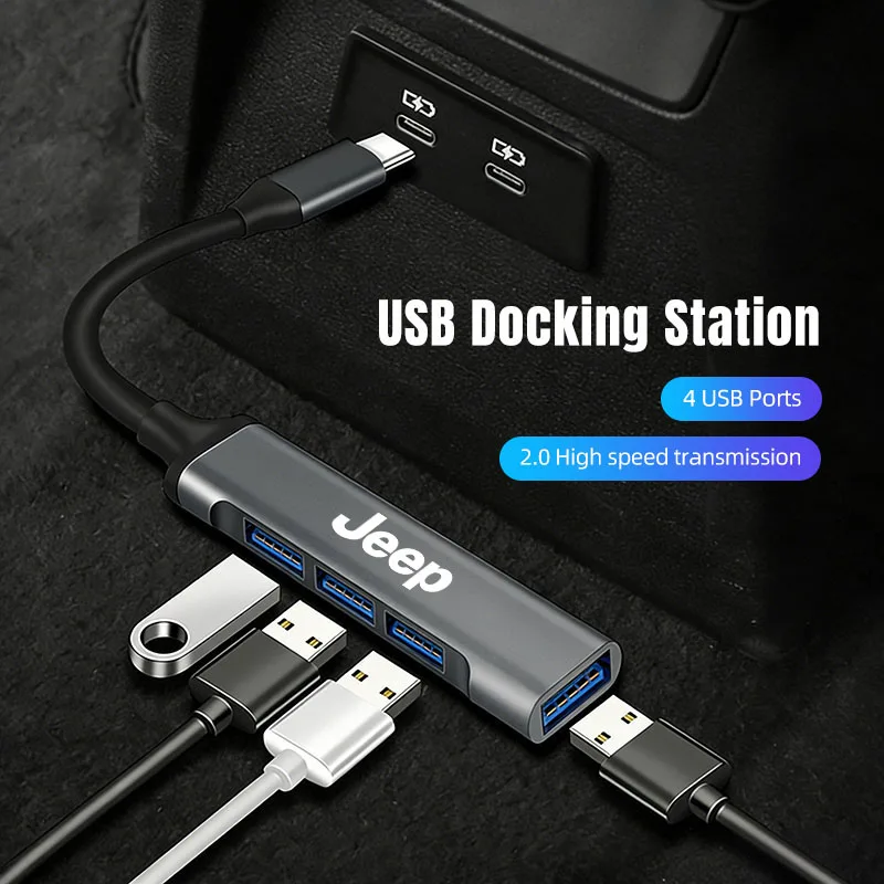 Extensor usb tipo c, adaptador divisor de 4 portas, estação de encaixe otg para jeep renegade wagoneer avenger recon wrangler jk gladiat