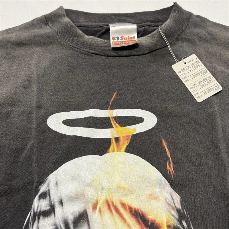 المتضخم سانت مايكل الملاك طباعة تي شيرت الرجال النساء 1:1 أفضل نوعية الأسود غسلها خمر قصيرة الأكمام