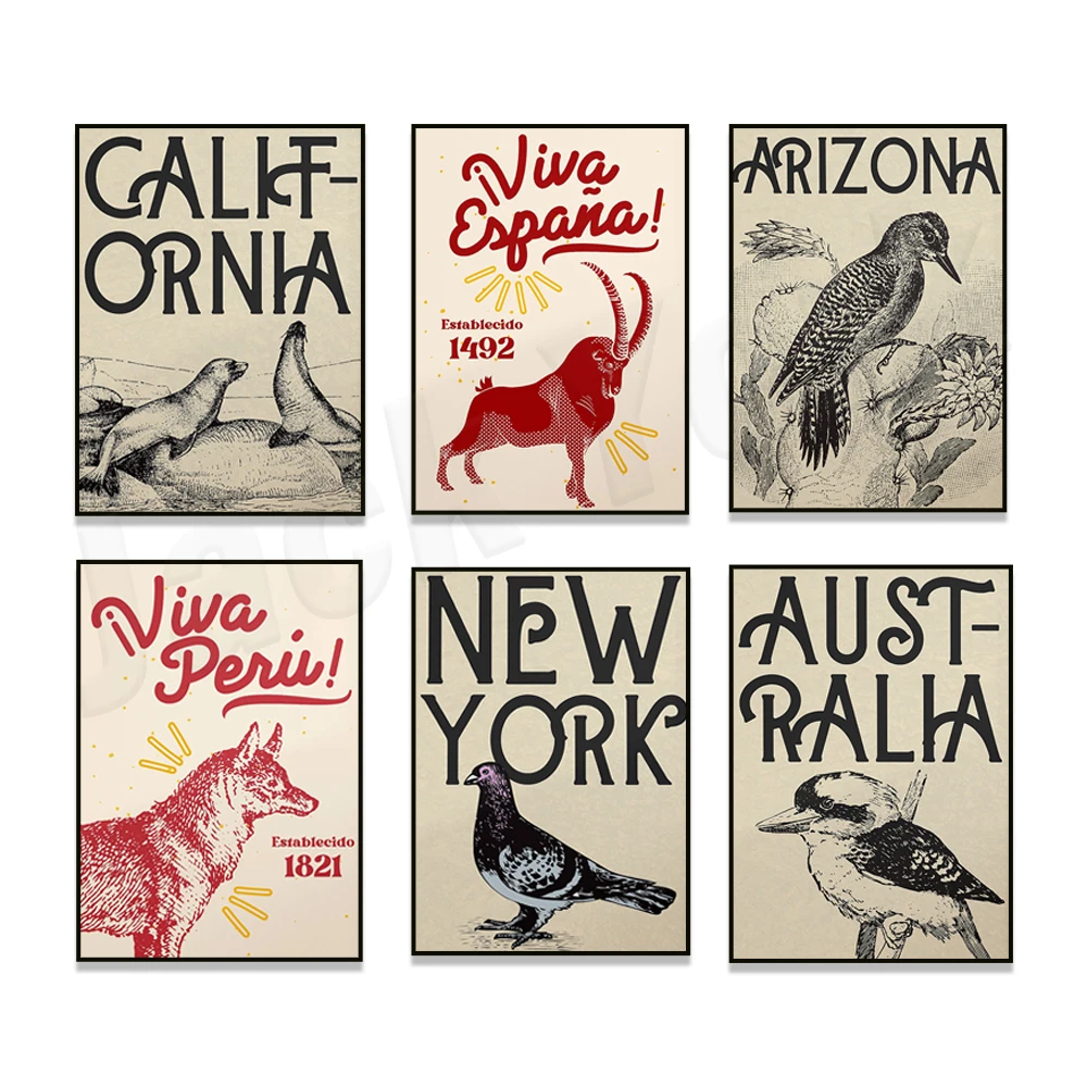 Spain, Peruvian llama, California sea lion, Australian bird, Arizona woodpecker, Montana rock goat, North Carolina bird poster