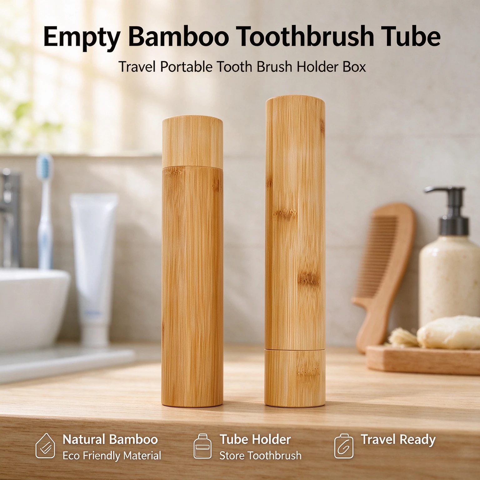 Empty Bamboo Toothbrush Tube & Tea Bottle Eco-Friendly Toothbrush Case Travel Portable Tooth Brush Holder Box