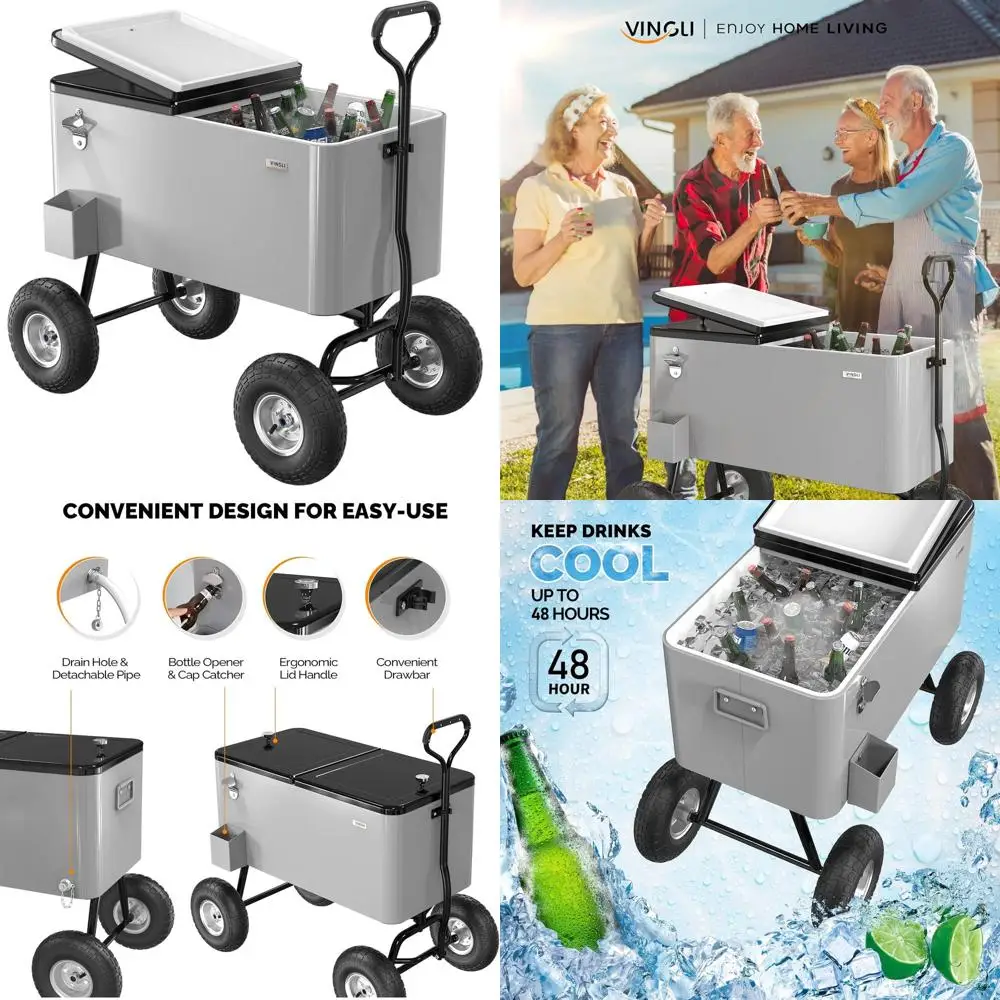 

80-литровый переносной холодильник на колесах с длинной ручкой и 10 колесами для пляжа, патио и вечеринок на открытом воздухе
