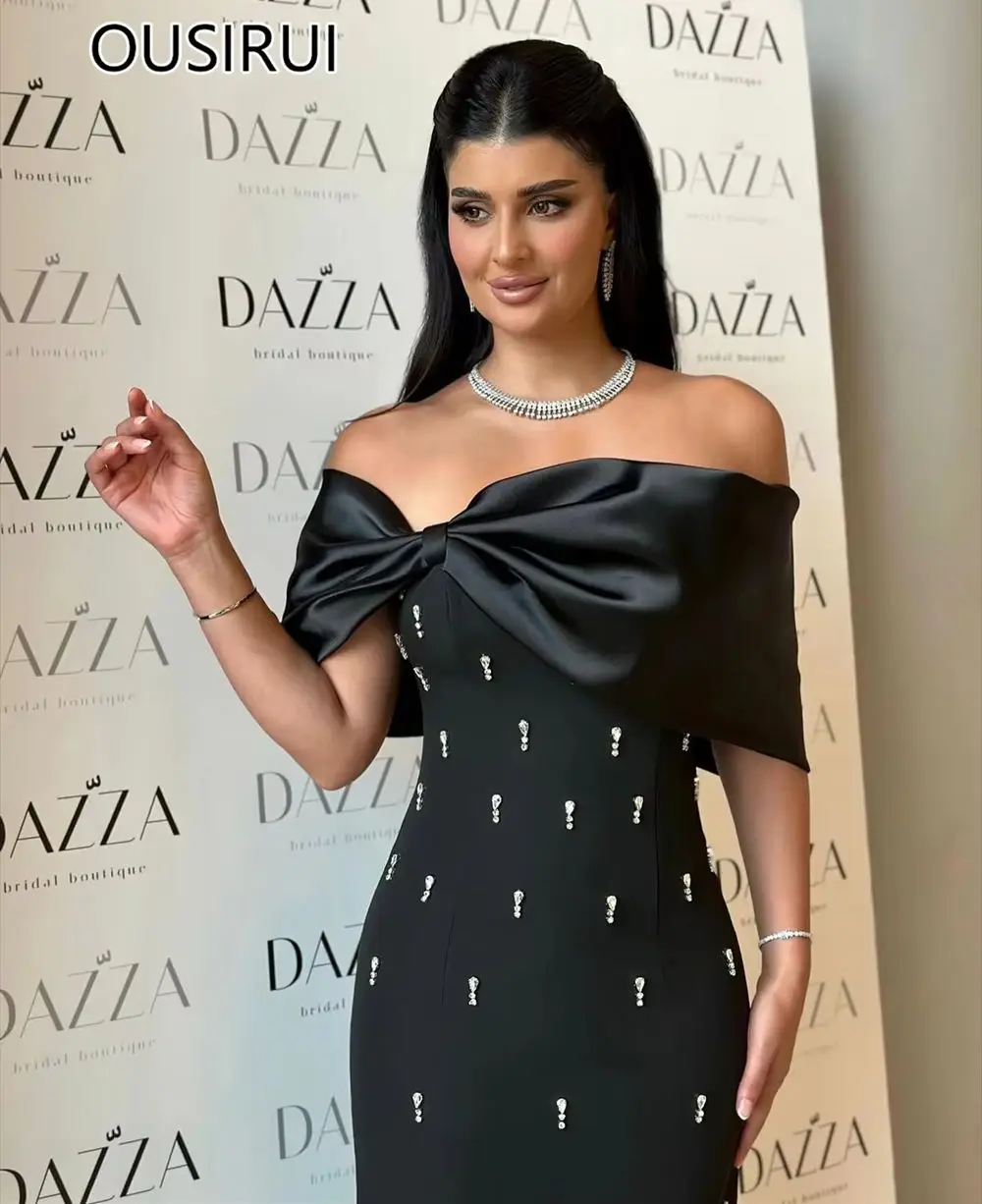 OUSIRUI 블랙 보트 칼라 새틴 페르시 진주 파티 파티 드레스 신부 맞춤 가운 드 mariée에 대한 등이없는 긴 파티 드레스