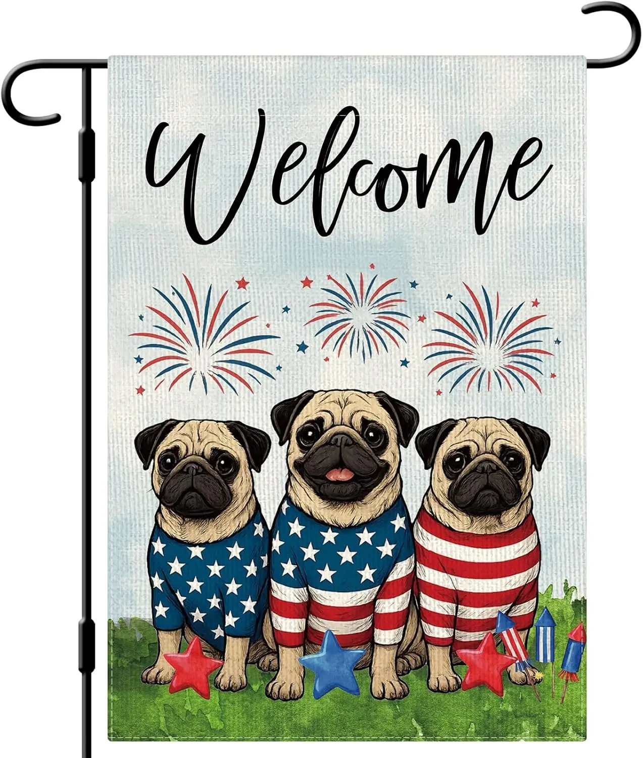DLZDN 4th of July Patriotic Pug Dog Garden Flag 12×18 Inch Double Side Vertical Burlap Farmhouse Yard Sign Independence Day jjp