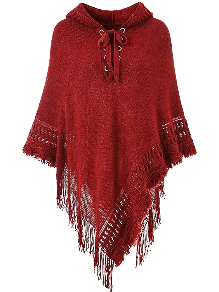 Spring Autumn New Women Winter Knit Hooded Poncho Cape Crochet Fringed Tassel Shawl Wrap Sweater Even Hat Girls Keep Warm Red