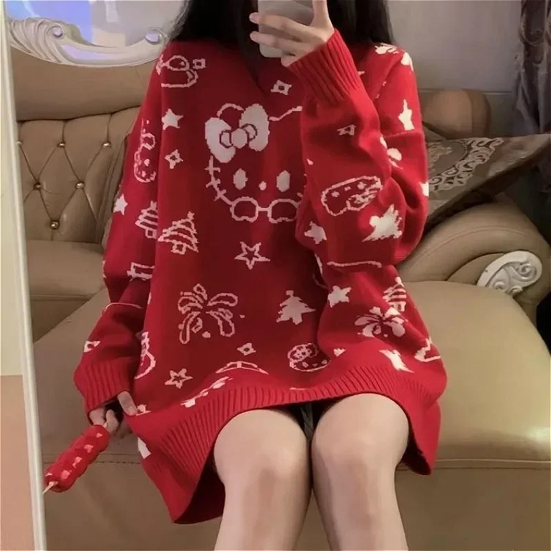 Kawaii Hello Kitty Sweter Kurtka studencka Jesień i zima Średniej długości Luźny kardigan z okrągłym dekoltem Żakardowe akcesoria Top