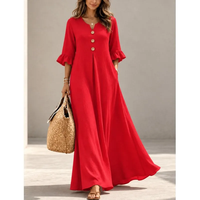 MsChuh Women's Casual Dresses Vestidos For Woman Pure Color Pocket Dress V-Neck Wooden Buckle Sleeve Loose Large Holiday Dress
