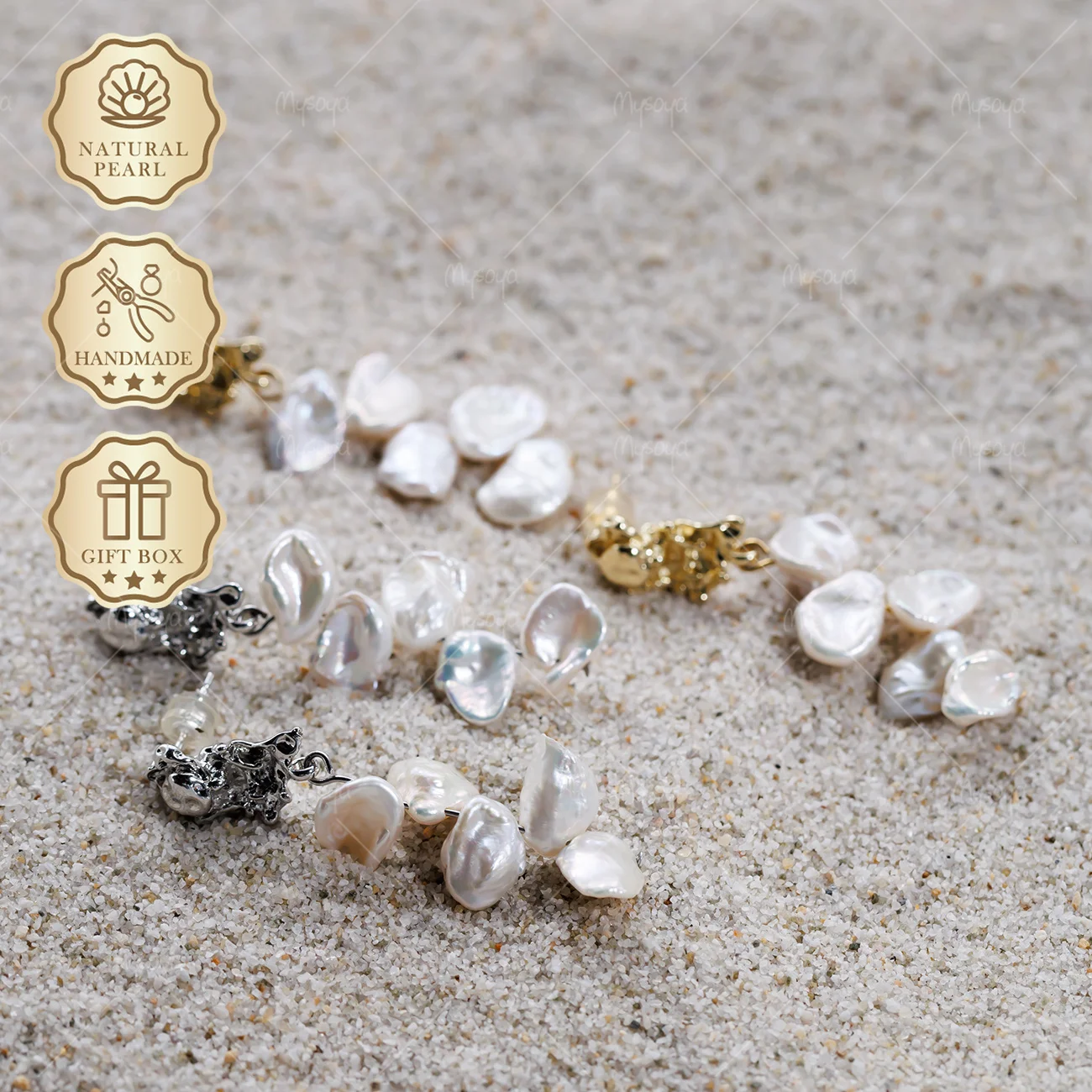MYSOYA 7-9mm Aurora Petal Baroque Pearl Stud Earrings Gold/Silver Irregular Studs, Gift Box S498