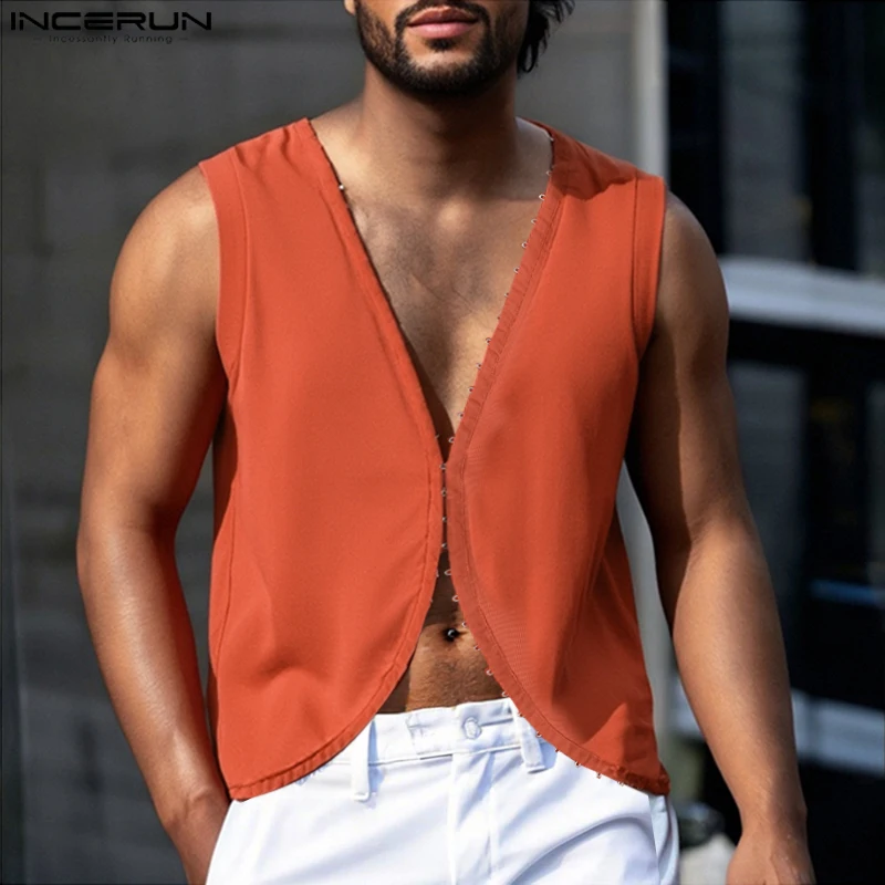 INCERUN Men Tank Tops Solid Color V Neck Sleeveless Knitted Casual Male Vests Streetwear Summer 2025 Stylish Sexy Crop Tops Men