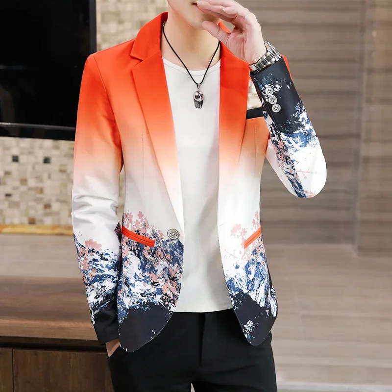 

Men Floral Blazers Fashion Korean Gradient Inspired Prints Fancy Floral Suit Jacket Casual Slim Fit Blazer Coat Men Clothing