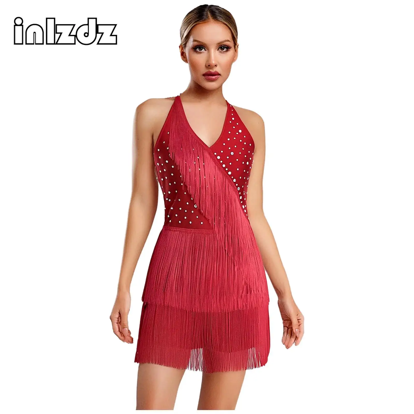 

Women Latin Dance Jumpsuit Halter Neck Sleeveless Spark Rhinestones Multi-Layered Fringed Leotard for Tango Salsa Jazz Costume