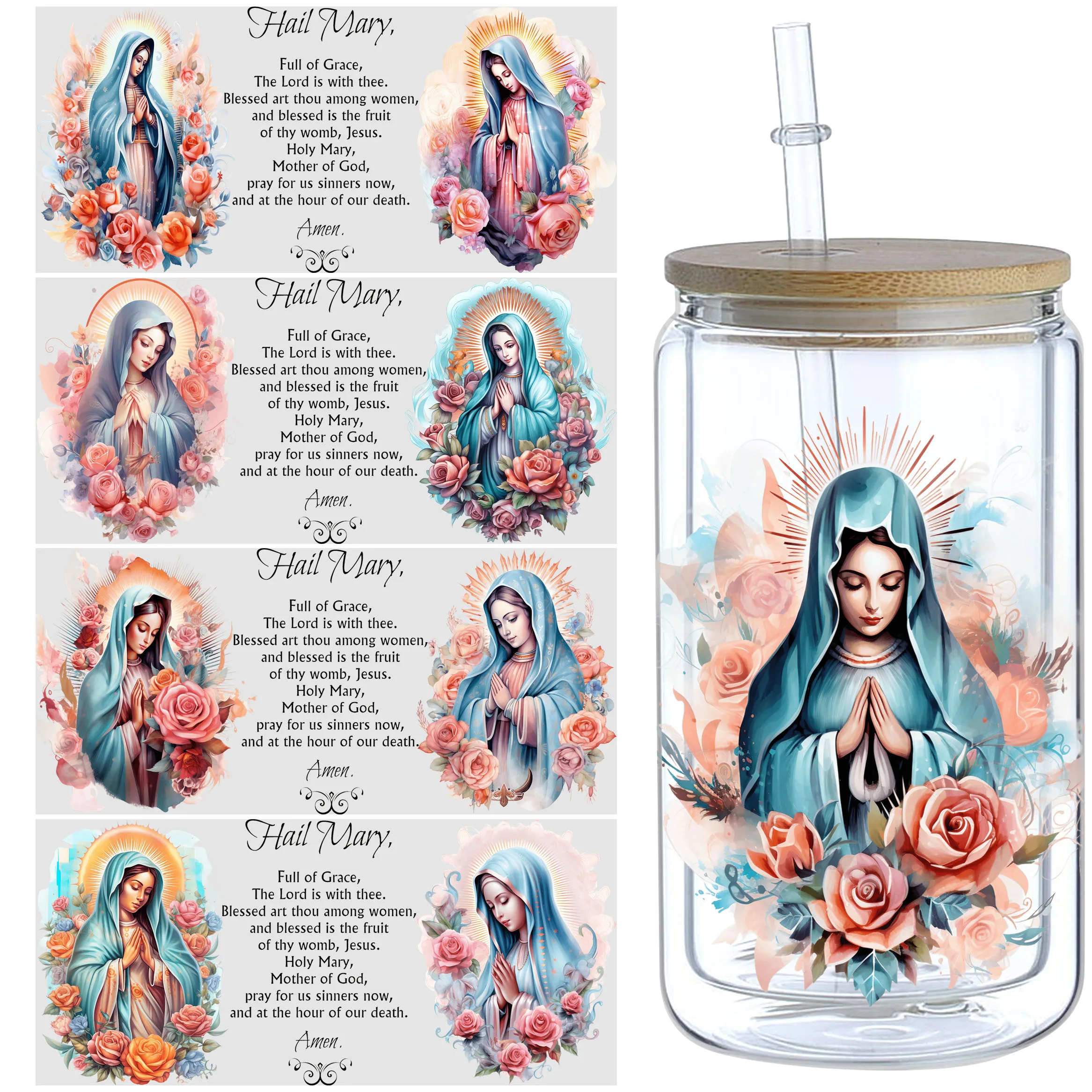 

5 Sheets Lady Of Guadalupe Mexican Catholic UV DTF Cup Stickers, Glass Movement Virgen De Guadalupe DTF Transfer Stickers