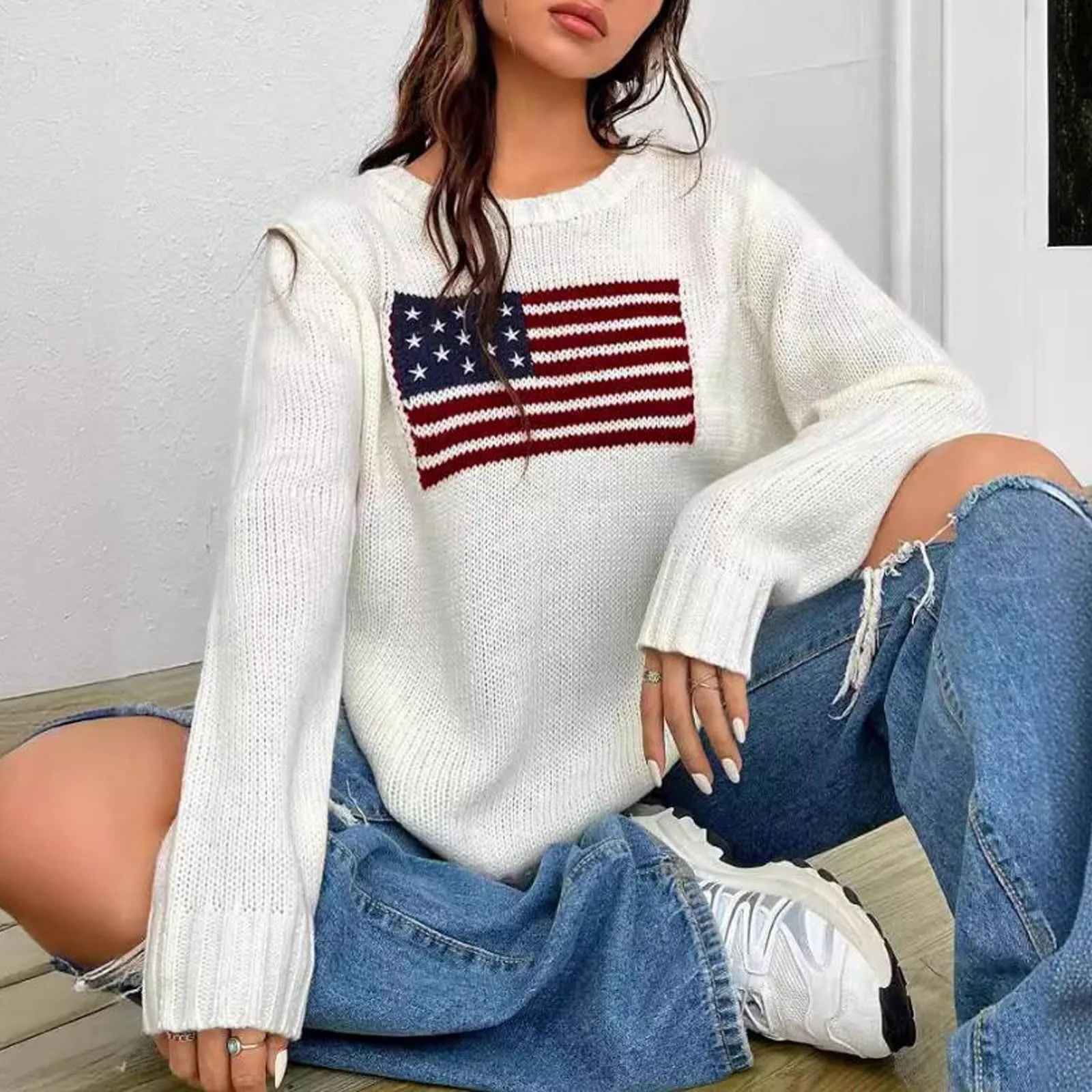 

Y2K Long Sleeve Vintage Loose American Flag Sweaters Casual Round Neck Loose Fit Knit Harajuku Pullover Top Knitwear Streetwear