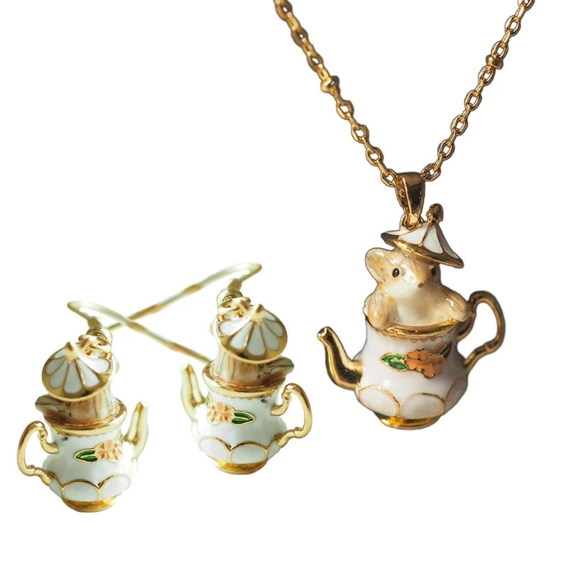 Pendant Necklace Enamel Chipmunk Teapot Dangle Earrings Y2K Jewelry