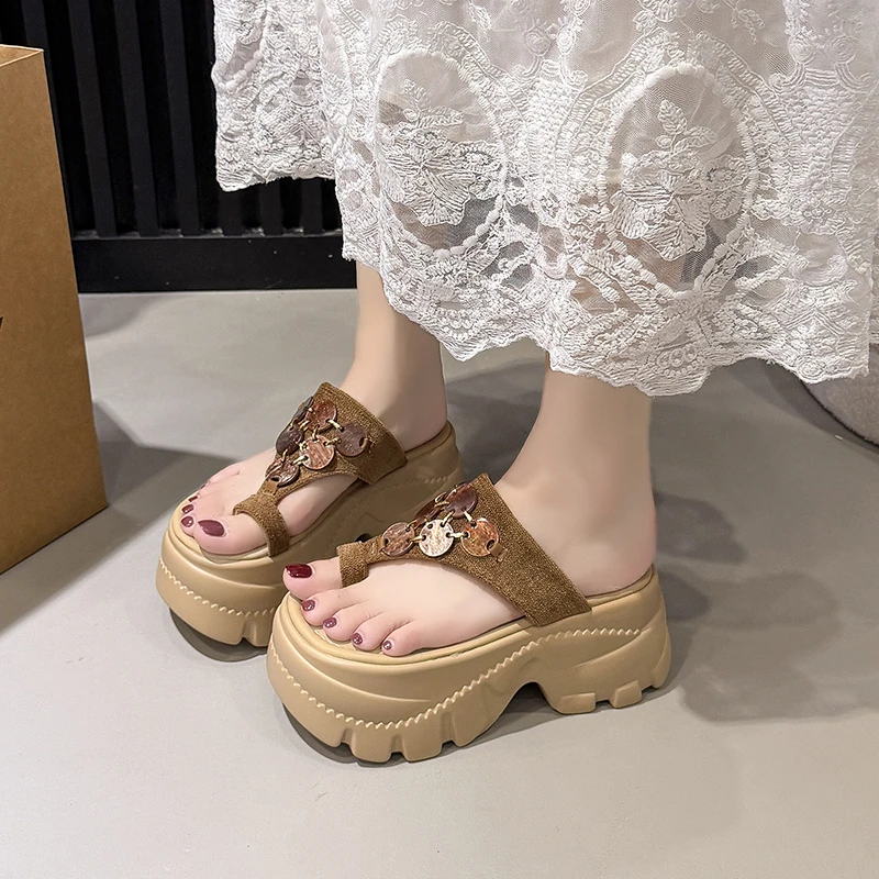 

New 2026 Summer Women Clip Toe Platform Sandals Chunky Wedge Heel Slides Mules Casual Beach Party Slippers Leather Shoes 8.5CM