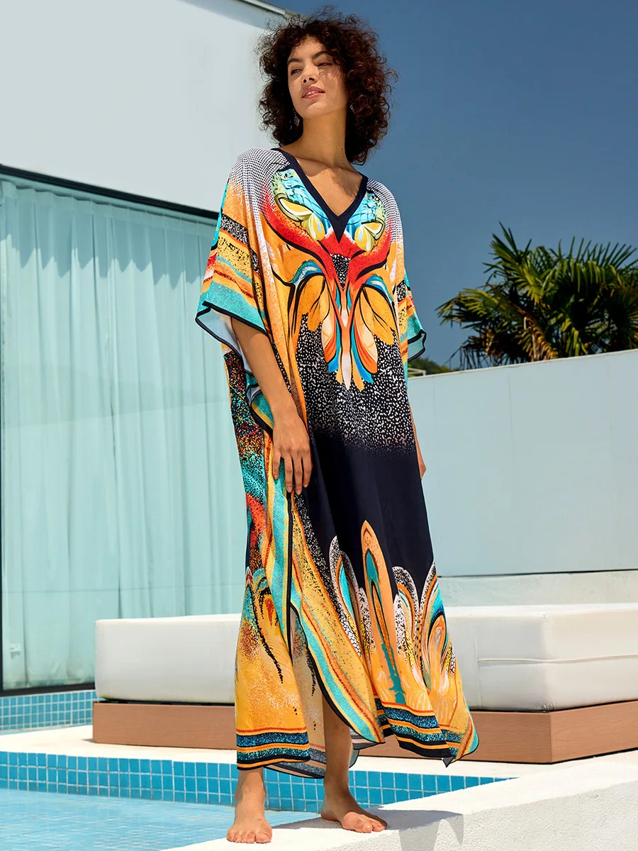 ชุด Kaftan PLUS ขนาด V คอแขน Batwing Beach COVER UP 2025 ฤดูร้อนพิมพ์ลายดอกไม้ Caftan DRESS