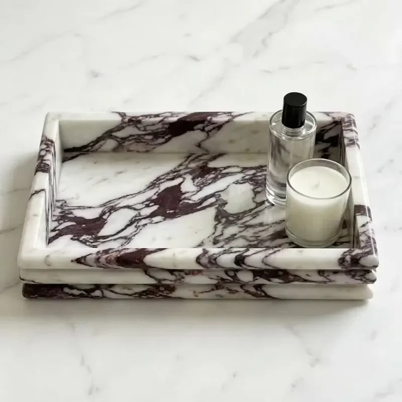 Custom Art Deco Caracatta Violet Marble Tray Rectangle Groove Natural Stone Storage for Bathroom Villa Tabletop Decorative