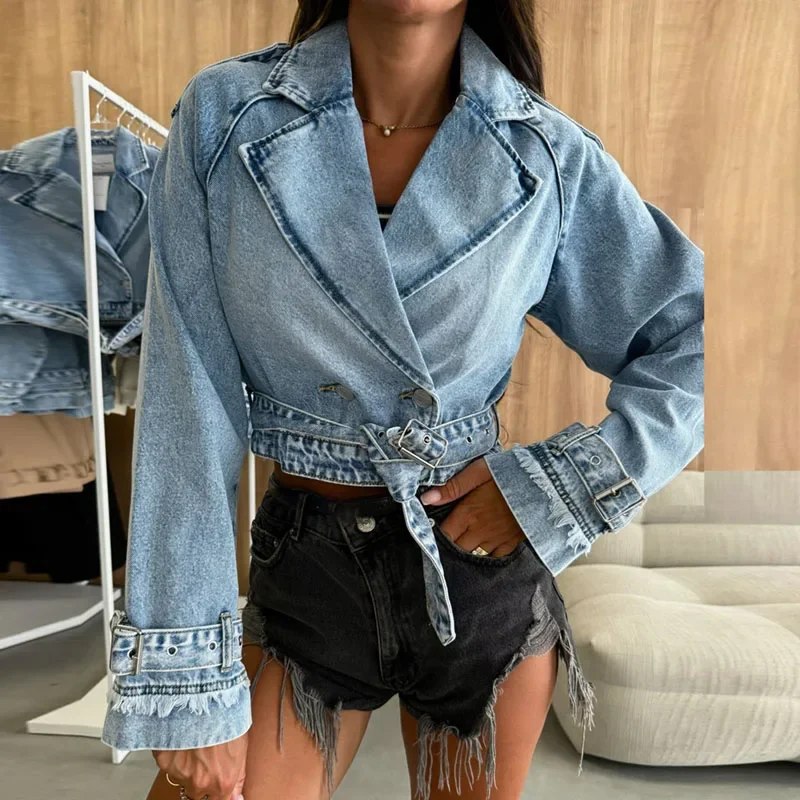 Y2K Casual Buckle Lace-up Cropped Women's Denim Jacket Vintage Turn-down Collar Jeans Coat Streetwear Long Sleeve Top Outerwears