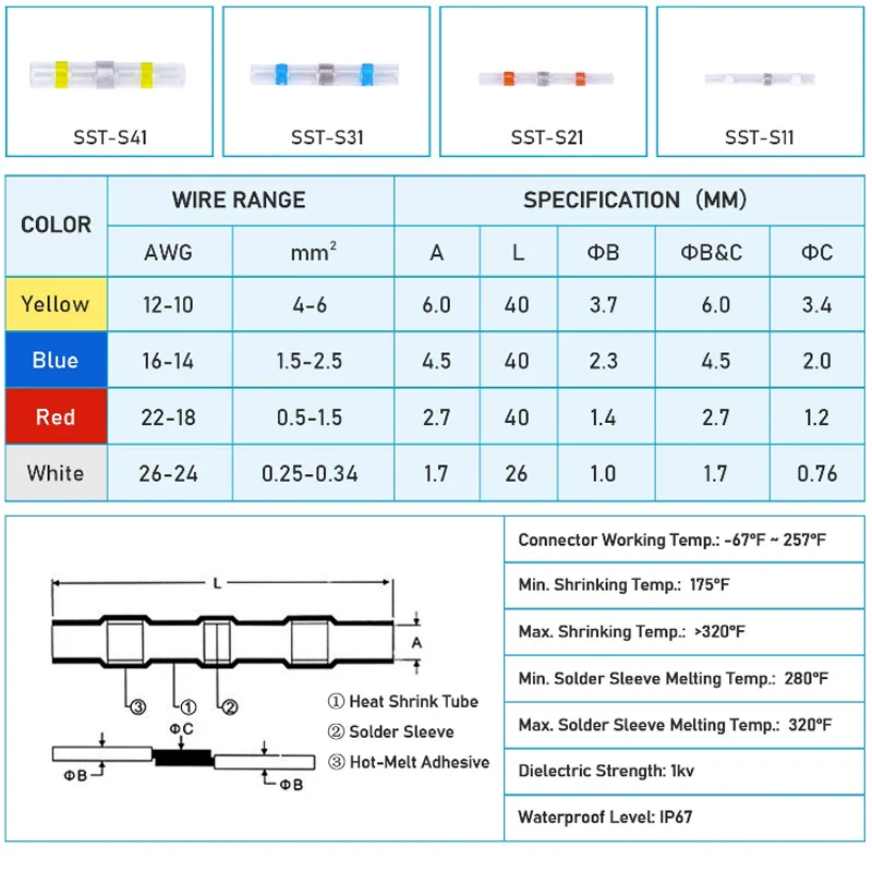 Electrical Wire Connectors Insulated Butt Splice Heat Shrink Solder Terminal Waterproof Butt Connectors Wire Cable Terminal image 4