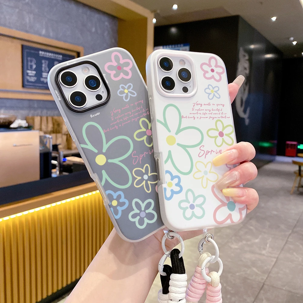 Handschlaufe 2-in-1 Handyhülle für iPhone 17 11 13 12 14 15 16 Pro Max XS XR X 7 8 Plus 17 Air Koreanische Blumen mit Lanyard-Abdeckung – Detail 6