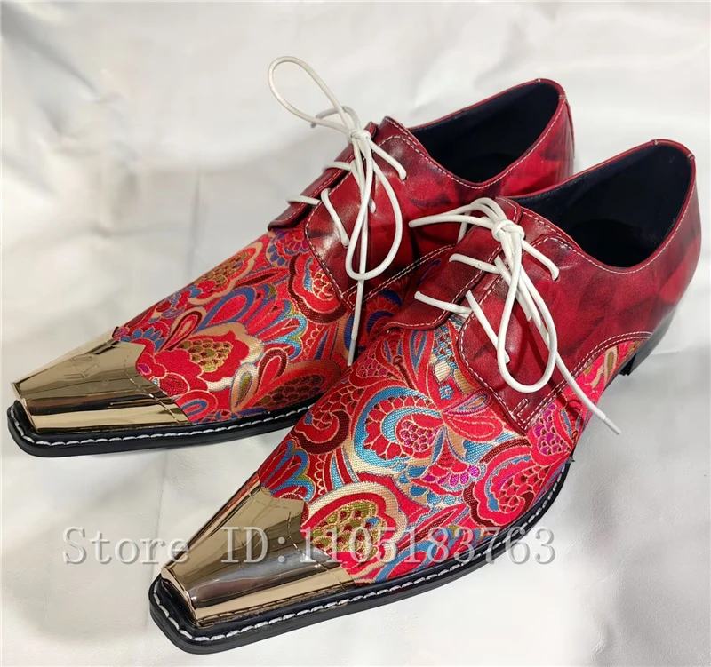

Luxury Design Jacquard Floral Men Dress Shoes Metal Pointed Toe Lace-Up Oxfords Gentleman Wedding Party Formal Footwear
