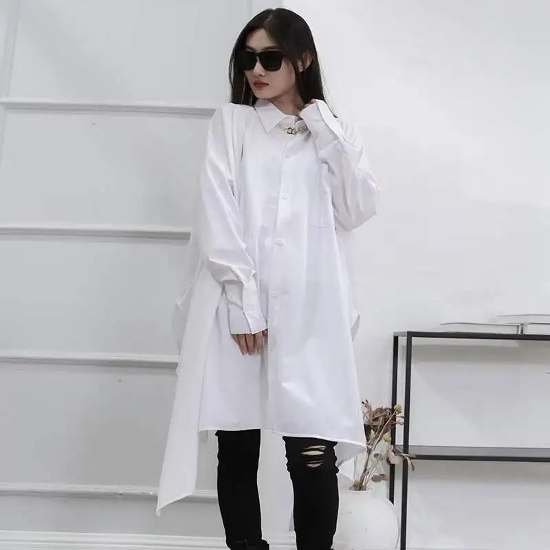 

Ladies Long Sleeve Shirt Spring And Autumn New Asymmetrical Japanese Hanging Sense Of Leisure Loose Long Large Size Shirt