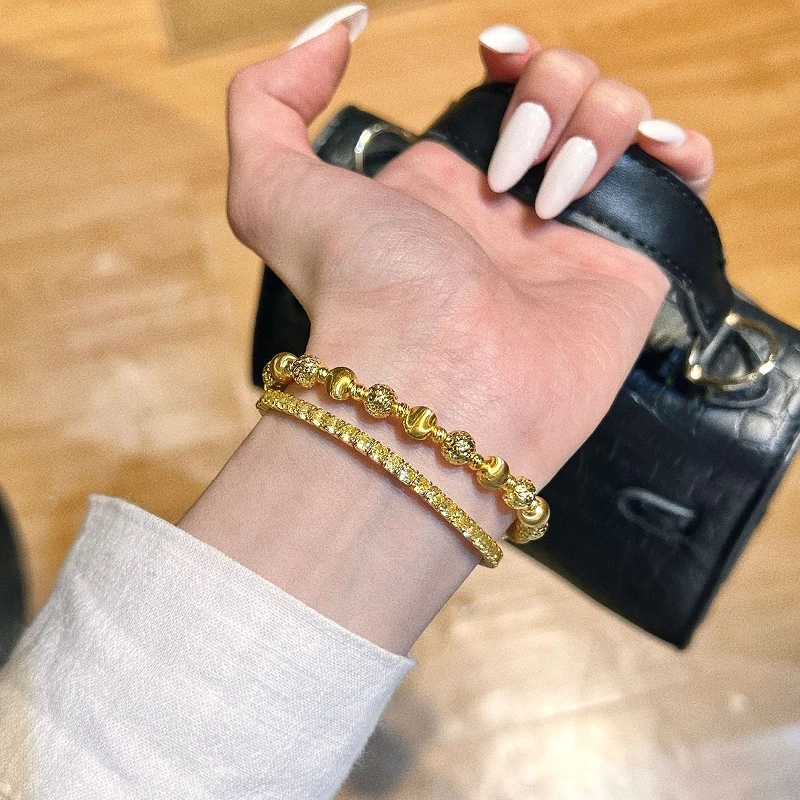 S925 sterling silver transfer bead bracelet for women, light luxury retro high-end Italian brushed crushed ice bracelet