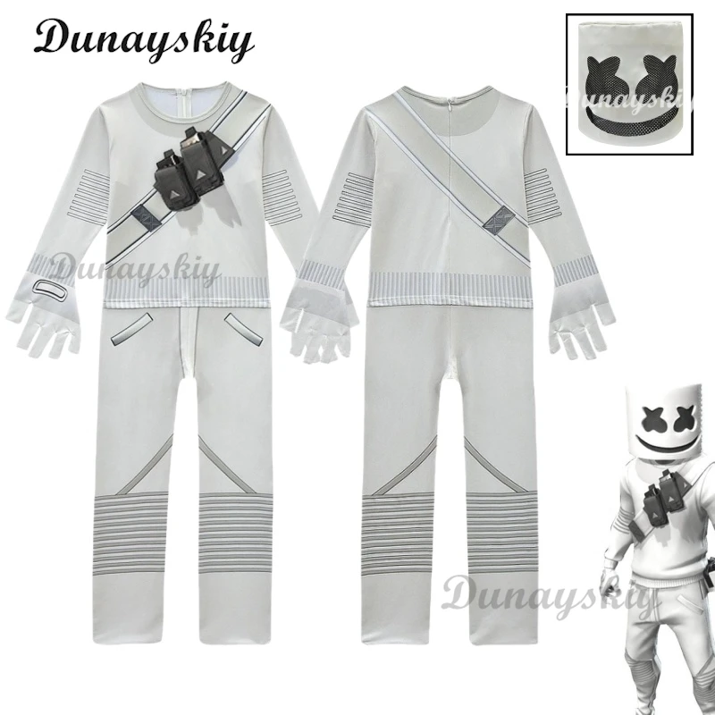 Disfraz de Fortnites DJ Marshmello, mono blanco, mono de sílabas eléctricas para fiesta de carnaval, Halloween