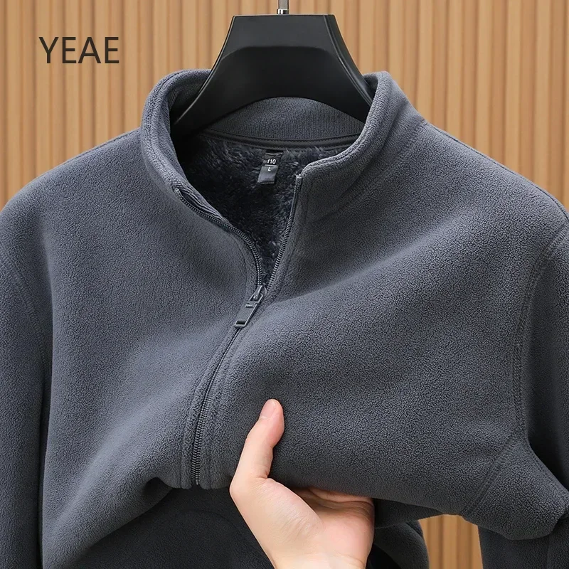 YEAE 2024 Polar Fleece Men's Jacket Autumn and Winter Plus Velvet Thickened Stand Collar Zipper Cardigan Top Clothing Coat New