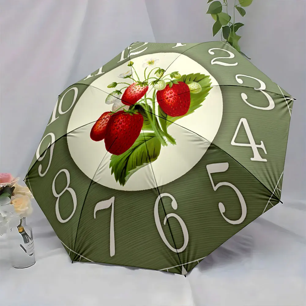 1PC Strawberry Clock Umbrella: Unique Timepiece Design Print 8 Iron Ribs Folding Umbrella Auto-Open Fashion Sunshade