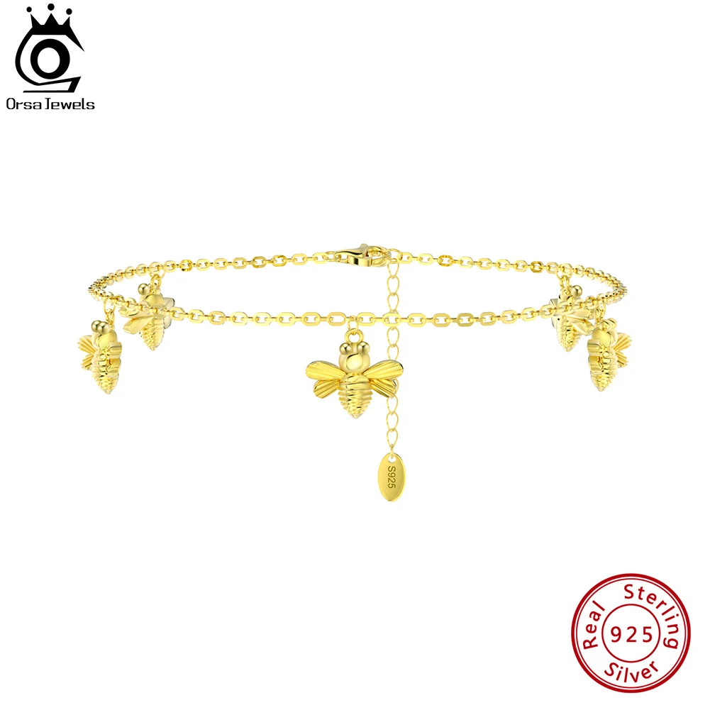 ORSA JEWELS 14K Gold 925 Sterling Silver Bee Chain Anklets for Women Fashion Foot Bracelet Ankle Straps Jewelry SA61