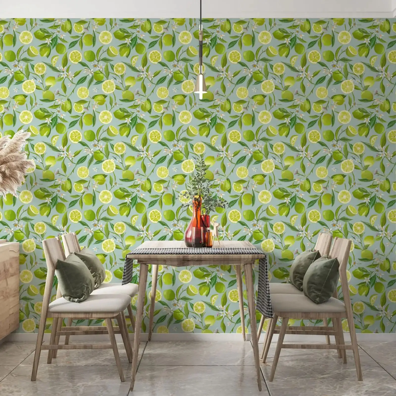 Lime Blossoms Pattern Wallpaper,Watercolor Fruit Citrus Custom Printed Self Adhesive Wallpaper Roll,Or Traditional Fruit Papers