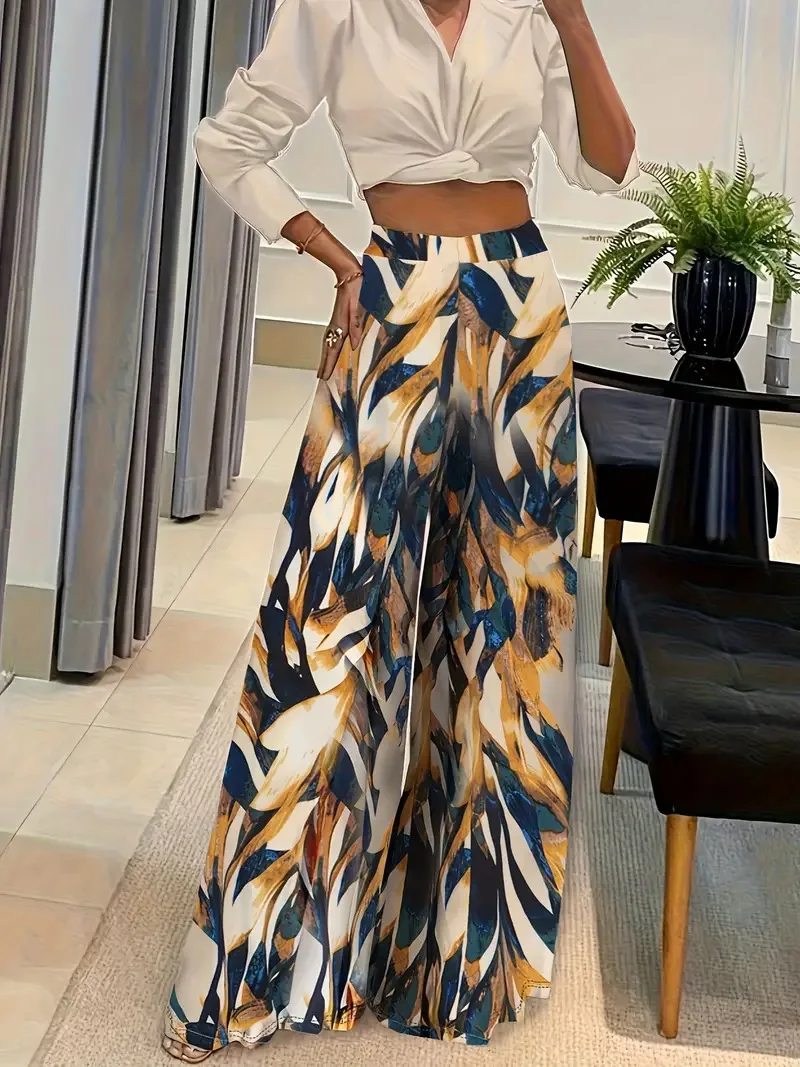

QX Women's Pants Medium Size Printed Pants High Waist Wide Leg Pants Loose Cropped Pants Korean Popular Clothes Hot Sale
