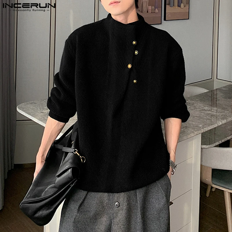 

INCERUN мужские пуловеры однотонная водолазка с длинным рукавом вязаный мужской свитер 2025 корейский стиль уличная модная повседневная мужская одежда