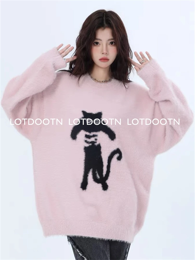 LOTDOOTN Harajuku Y2k Sweaters Women Kawaii Cat Streetwear Knitting Cartoon Soft Sweater Fashion College Loose Pullovers Female