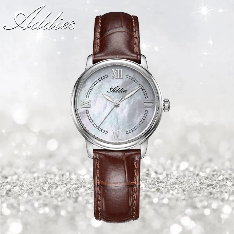 ADDIES Mother of Pearl Dial Japan GL32 Sapphire Glass Wristwatches for Women Leather Strap Waterproof Small Face Women's Watch