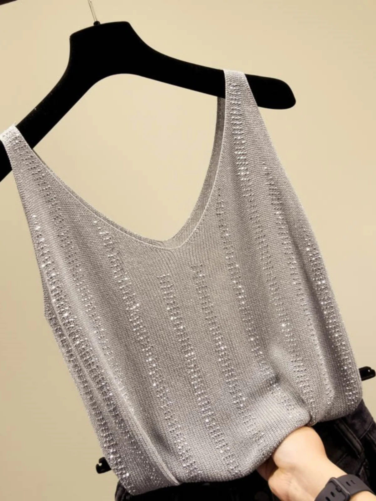 Fashionable Loose V-Neck Sequin Tank Top Women's Summer Design Diamond Heat Transfer Casual Comfortable Inner Wear Top